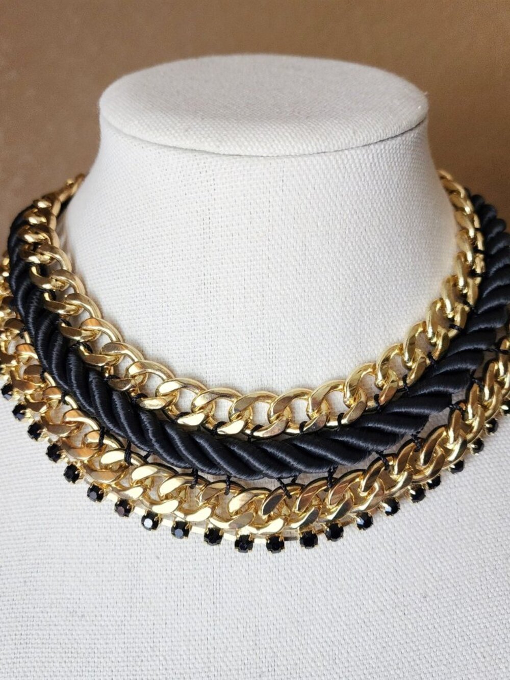Chunky Necklace Bold Statement Choker Gold Tone Black Rope Rhinestones Collar